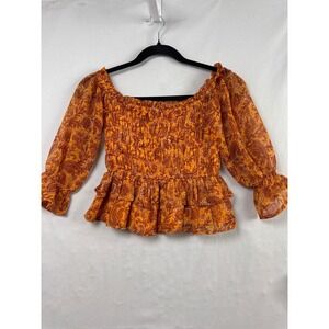 Patrons of Peace Smocked Peplum Top Women XS Orange Paisley Boho Excellent Crop